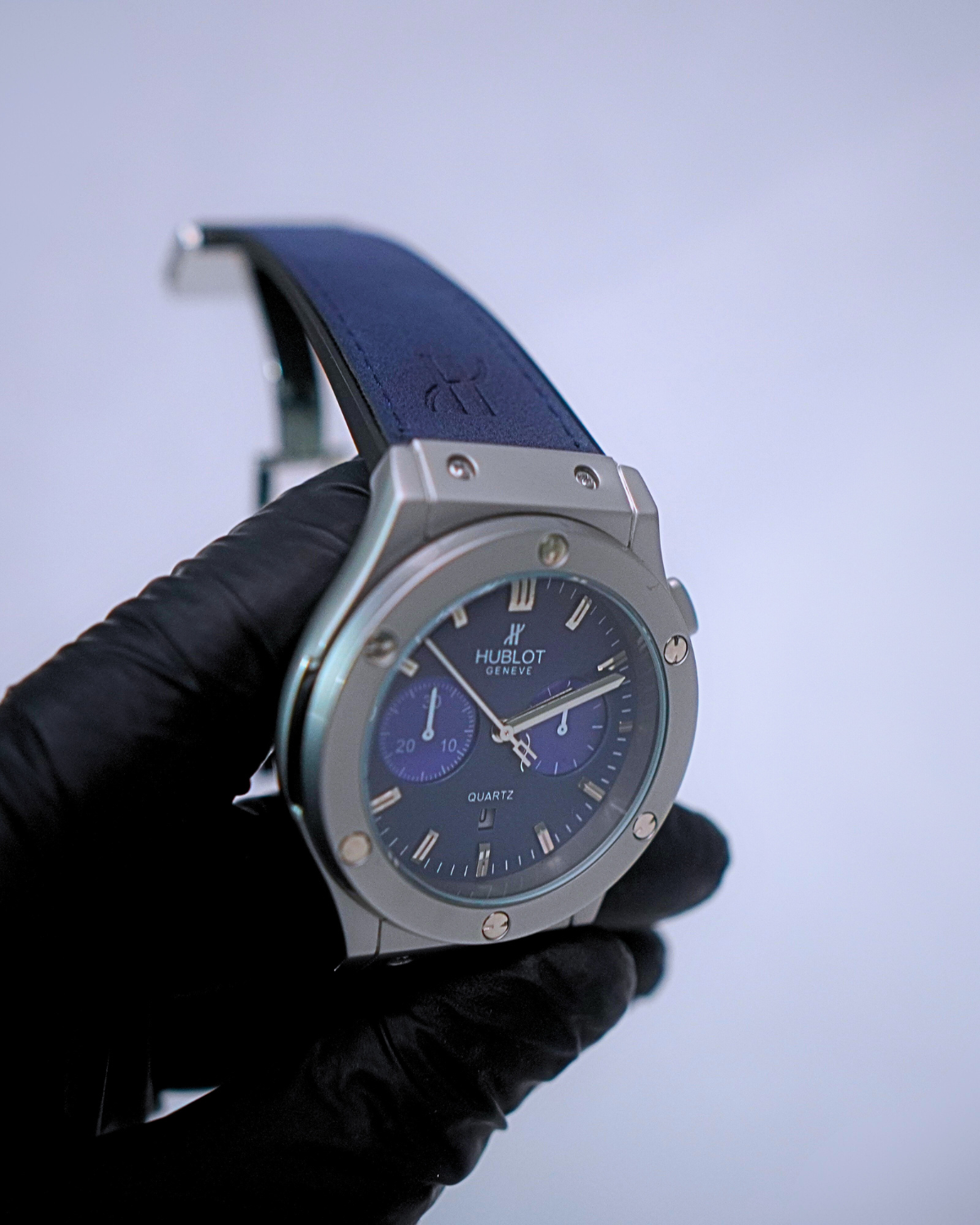 Chronograph Silver Blue – Hublot-Inspired Quartz Watch with Blue Leather Strap