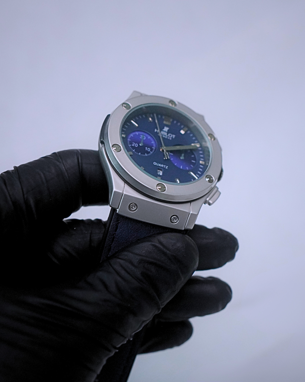 Chronograph Silver Blue – Hublot-Inspired Quartz Watch with Blue Leather Strap