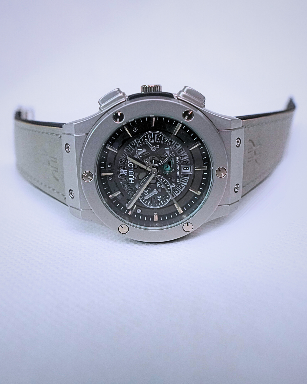 Chronograph Silver Gray – Hublot-Inspired Quartz Watch with Gray Leather Strap