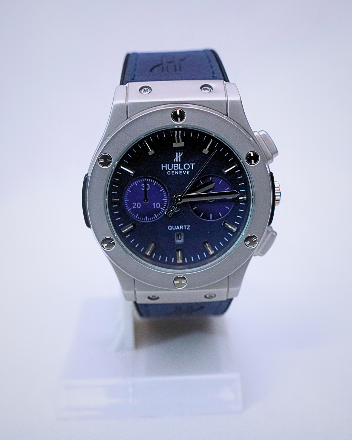 Chronograph Silver Blue – Hublot-Inspired Quartz Watch with Blue Leather Strap