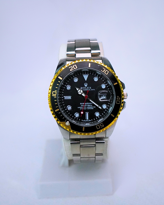 Luxury Rolex Submariner Style Analog Men's Wrist Watch – Stainless Steel Strap, Black Dial, Gold Bezelv