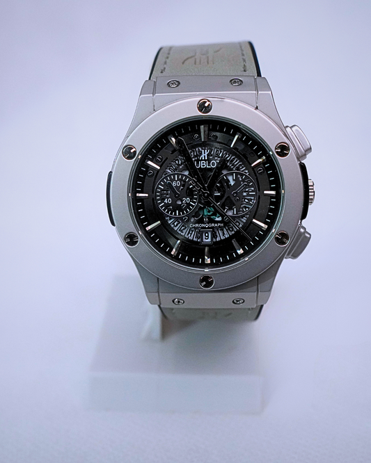 Chronograph Silver Gray – Hublot-Inspired Quartz Watch with Gray Leather Strap