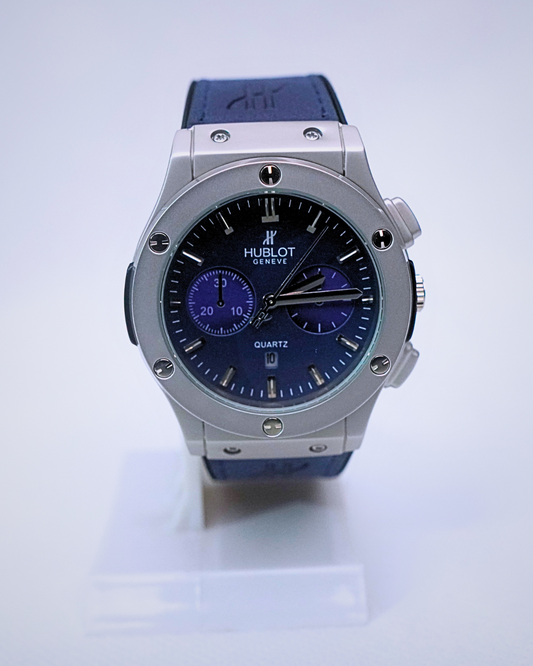 Chronograph Silver Blue – Hublot-Inspired Quartz Watch with Blue Leather Strap