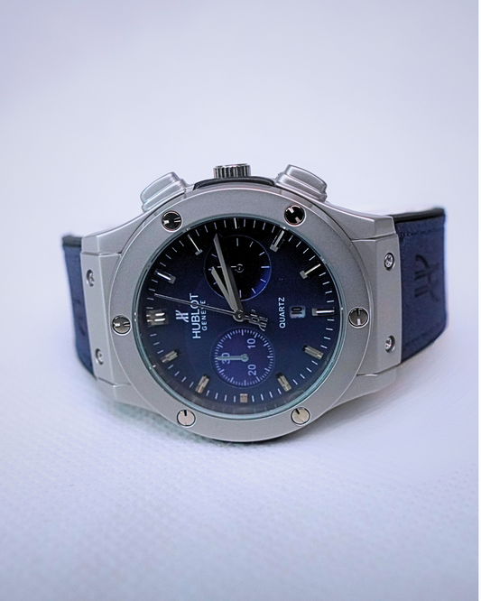 Chronograph Silver Blue – Hublot-Inspired Quartz Watch with Blue Leather Strap