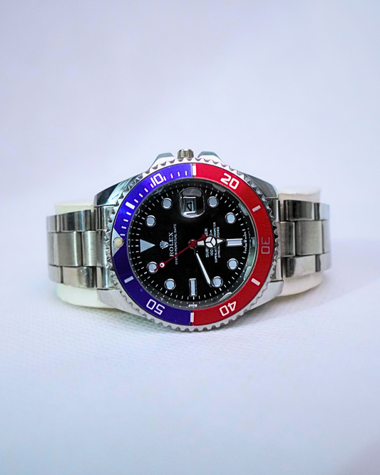 Rolex Style Quartz Watch with Rotating Pepsi Bezel – Stainless Steel Design